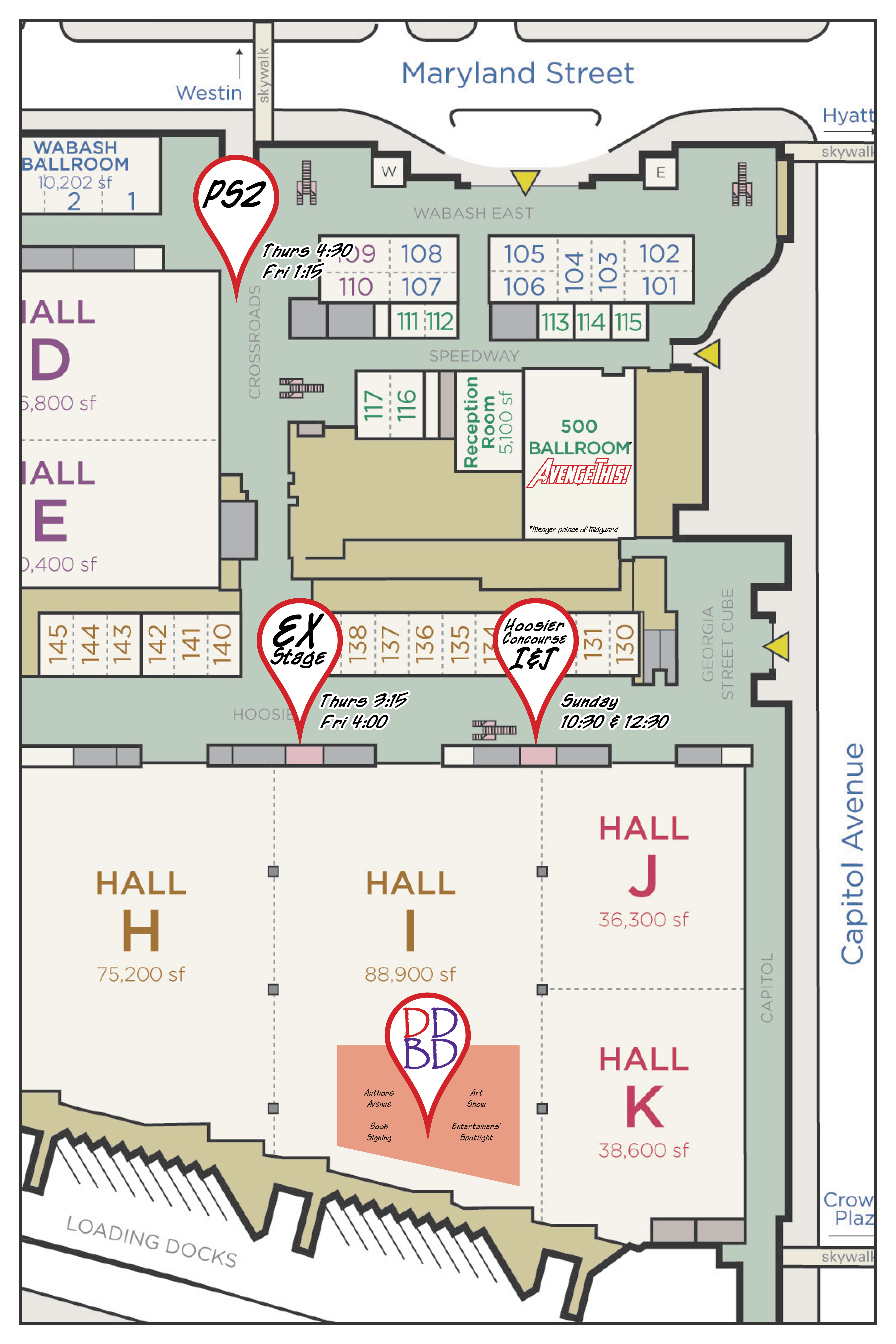 Map showing DDBD locations throughout Gen Con 2015